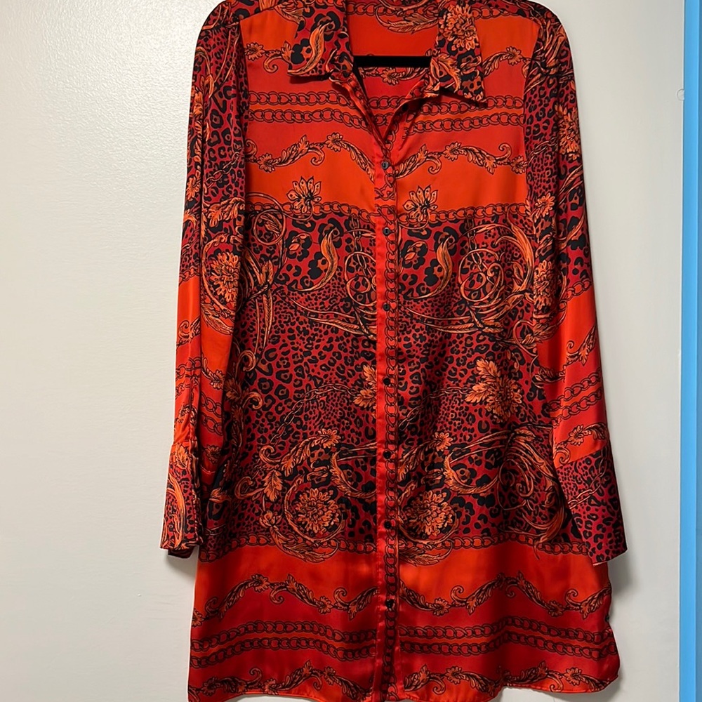 Zara Red Printed Silk Oversized Blouse